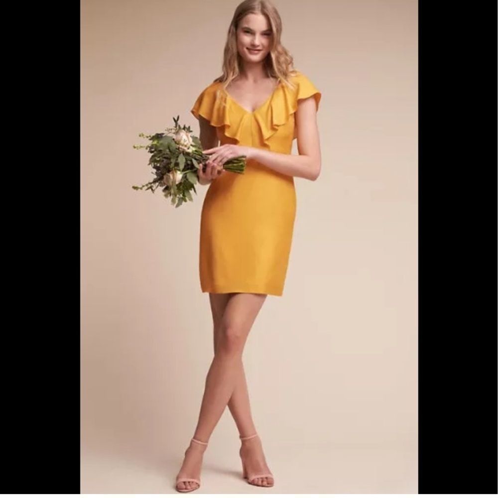 Jenny Yoo Mustard Yellow Gabby Shoulder Ruffle Cocktail Dress